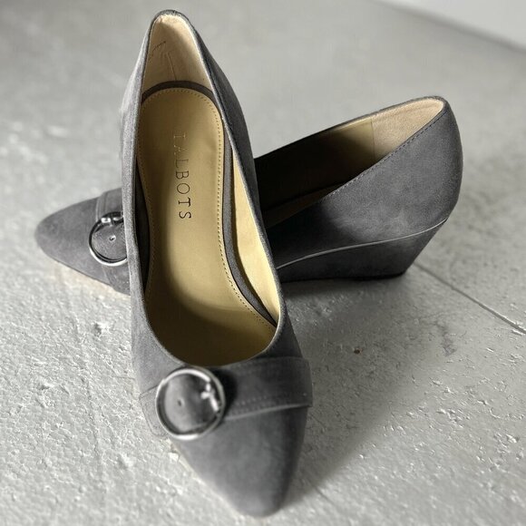 Talbots SZ 5 Laney Buckle Gray suede leather wedge shoe office dressy comfy - Picture 3 of 9